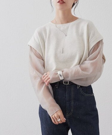 袖シアードッキング裏毛プルオーバー