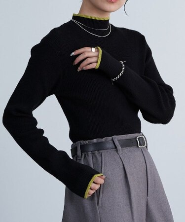 【着用動画あり】PBT配色ラインハイネックリブニット