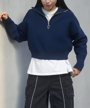 ガーター編みハーフジップショート丈ニットプルオーバー