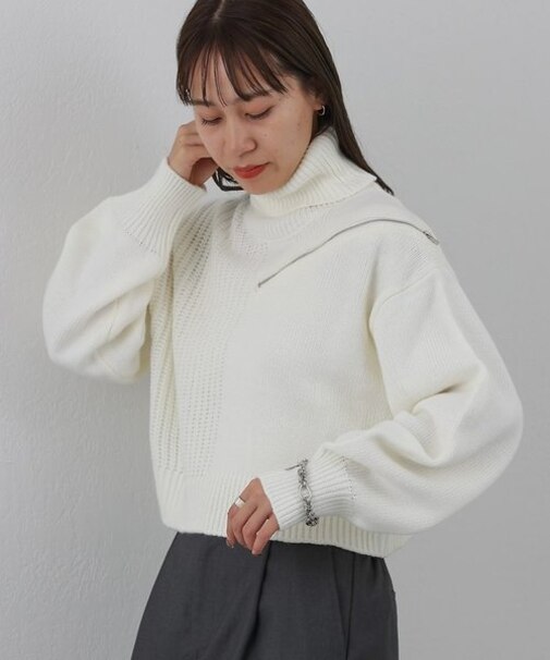 肩ZIPショート丈タートルニットプルオーバー