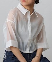 シアー裾ドロストワイドスリーブシャツ