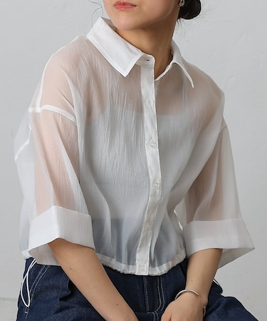 シアー裾ドロストワイドスリーブシャツ
