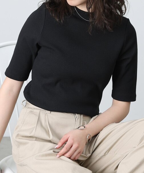 リブプチハイネック5分袖プルオーバー