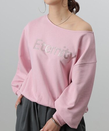 裏毛ラメプリントオフショルボートプルオーバー