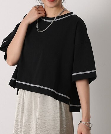 スマートワイドクロップド配色ステッチTシャツ