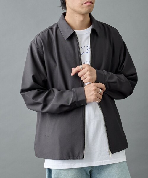 UOMO掲載 221ヴィレッジ Village ウールシャツジャケット　ブラック セットアップ対応】ウォッシャブルストレッチジップシャツ