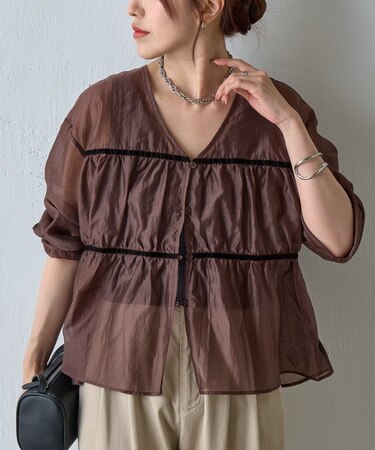 シアーティアード長袖ブラウス