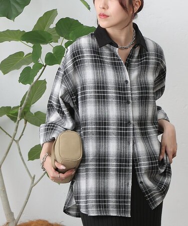 襟コーデュロイチェックシャツ