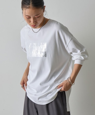 箔プリント袖リブ長袖Tシャツ