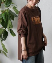 箔プリント袖リブ長袖Tシャツ