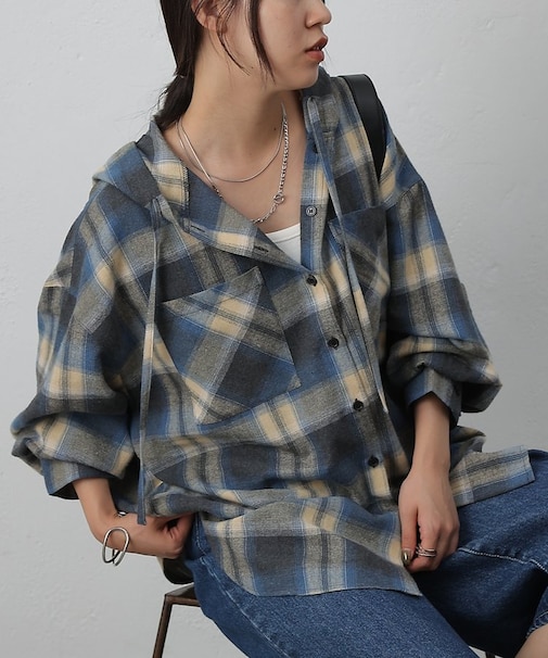 【WEB限定】起毛チェックフードシャツ