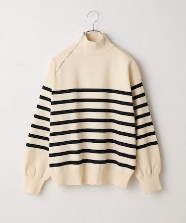 エステルヤーンサイドネックジップボーダーニット