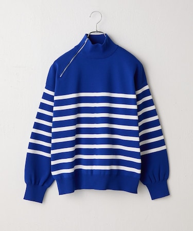 エステルヤーンサイドネックジップボーダーニット