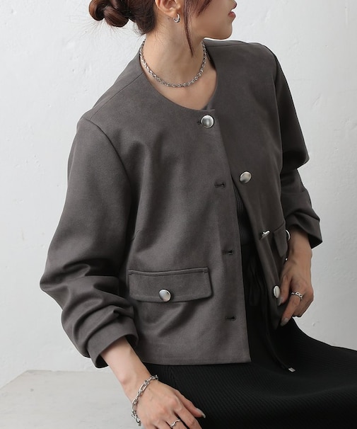 スエードポンチノーカラージャケット