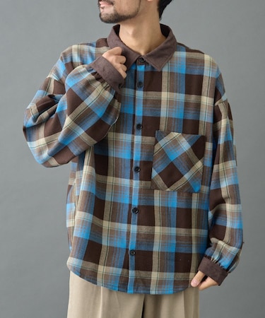 先染めチェック袖ギャザーBIGシャツ
