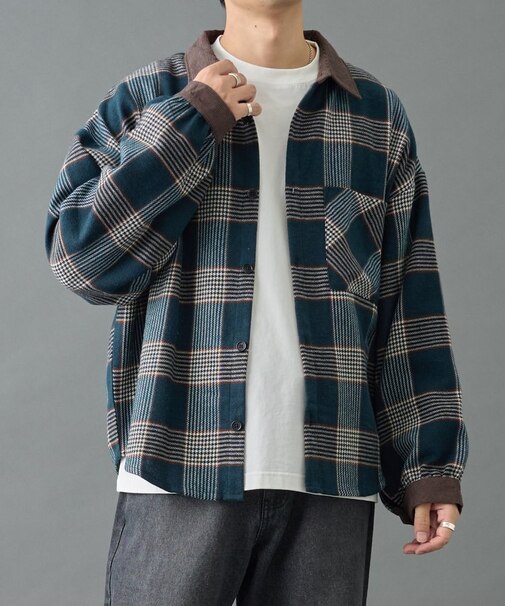 先染めチェック袖ギャザーBIGシャツ