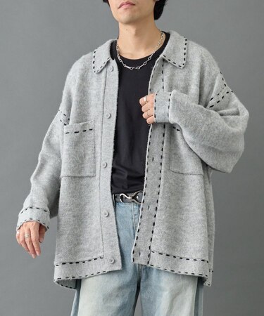 モヘアライクハンドステッチ襟付きカーディガン