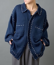 モヘアライクハンドステッチ襟付きカーディガン