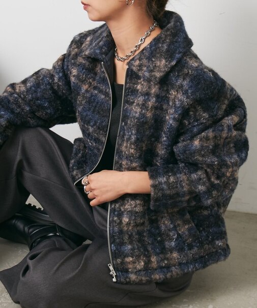 フェイクリングウールチェックZIPブルゾン