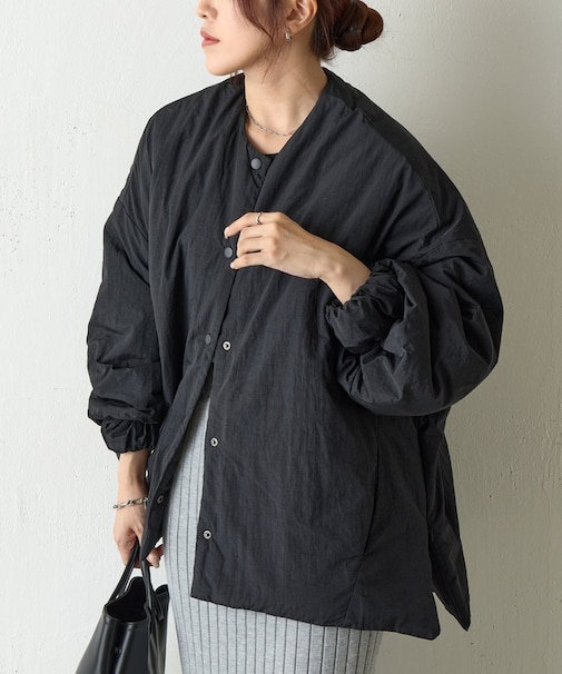 【WEB限定】サイドZIPノーカラー中綿ジャケット
