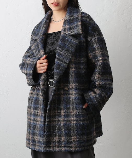 チェックダブルテーラードジャケットコート