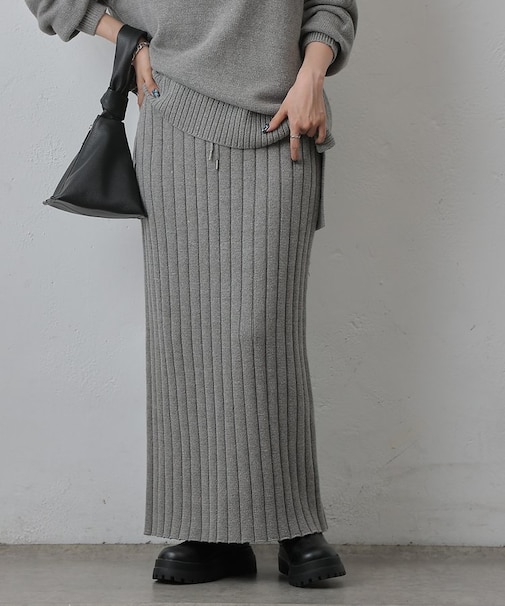 【セットアップ対応】ワイドリブIラインニットスカート