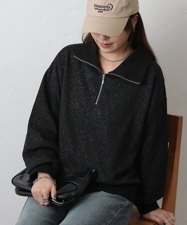 ラメ裏毛ハーフジッププルオーバー