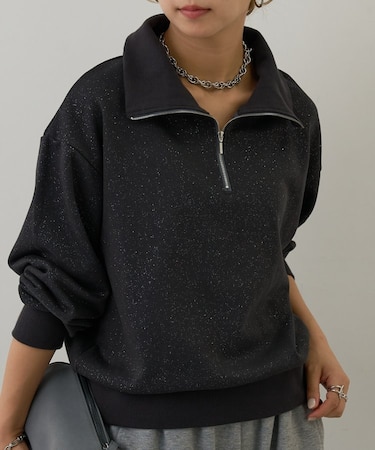 ラメ裏毛ハーフジッププルオーバー