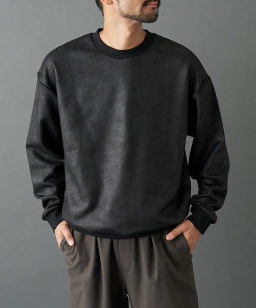 フェイクレザーコーティング長袖プルオーバー