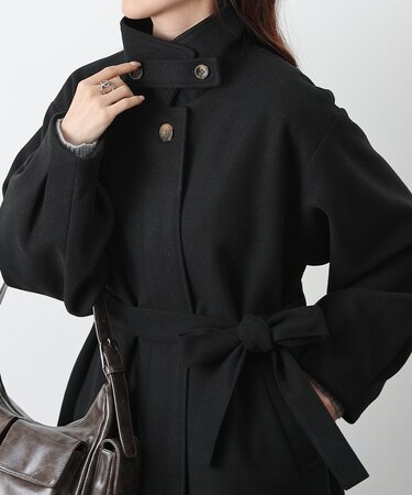 【リバイバル】ベルト付ボリューム袖ステンカラーコート