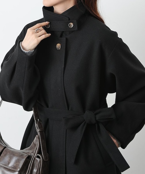 【リバイバル】ベルト付ボリューム袖ステンカラーコート
