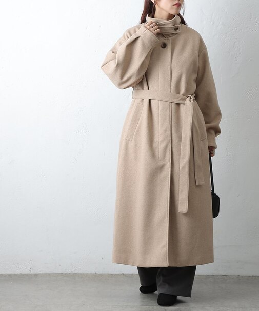 【リバイバル】ベルト付ボリューム袖ステンカラーコート