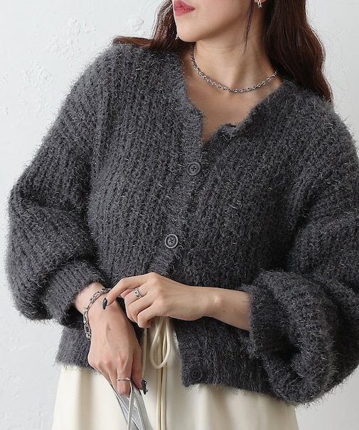 片畦フェザーヤーンカーディガン