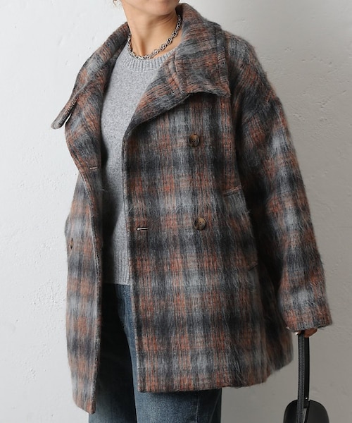 シャギーチェックスタンドカラーコート｜コロニートゥーワン