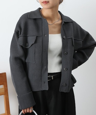 Wポケット衿付きリブジャケットカーデ