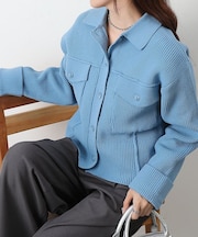 Wポケット衿付きリブジャケットカーデ