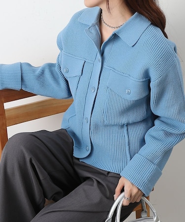 Wポケット衿付きリブジャケットカーデ