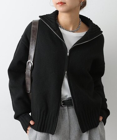 ウール混スタンドリブWジップカーディガン