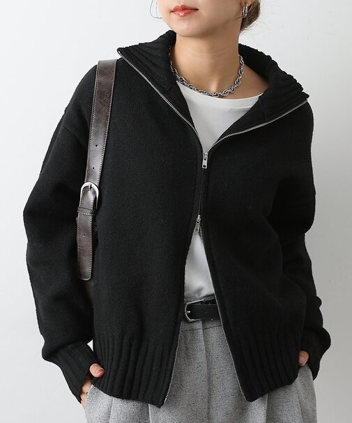 ウール混スタンドリブWジップカーディガン