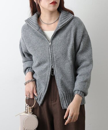 ウール混スタンドリブWジップカーディガン