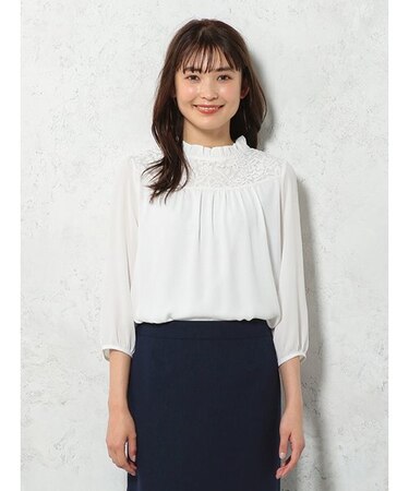 レースネック　ブラウス　ホワイト/ネイビー