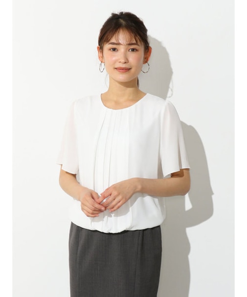 フロントタック　裾バルーン　半袖ブラウス　ベージュ/ホワイト