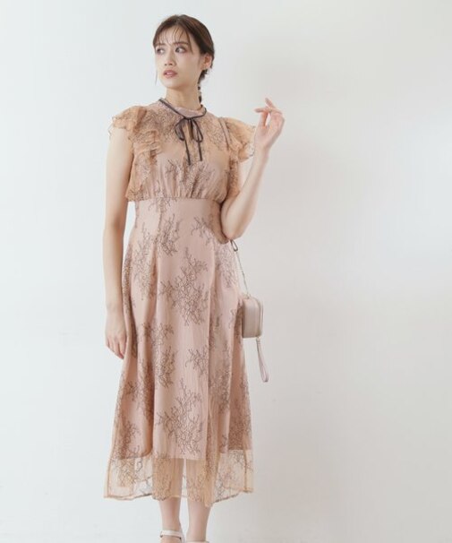 ツートーンレースラッフルワンピース WEB限定カラー：ピンク