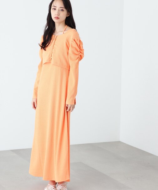 クシュクシュストレッチカーデ＆ワンピースセット　WEB限定カラー：オレンジ