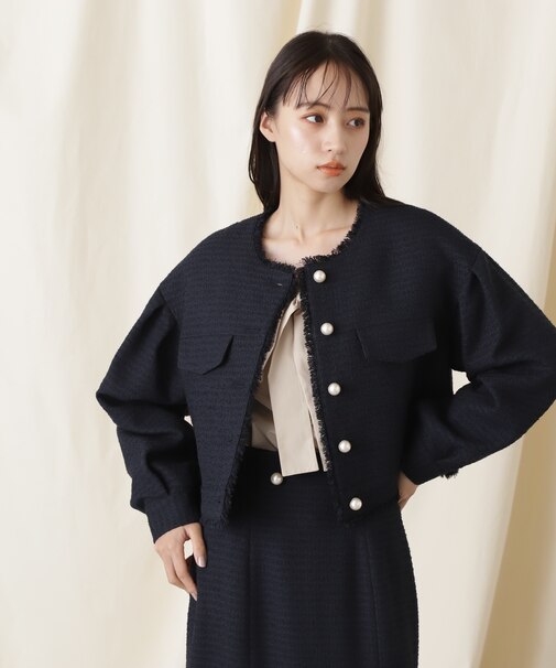 フリンジツイードノーカラージャケット