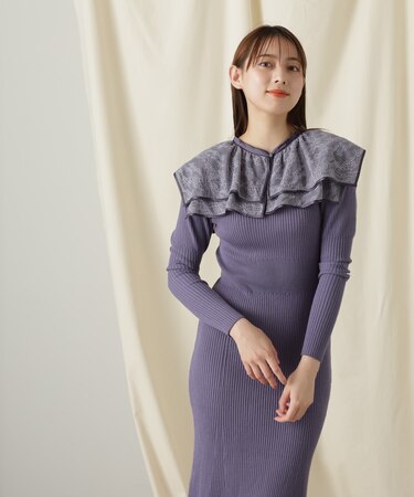 ケープカラーニットワンピース