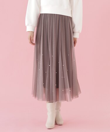 ボリュームフレアパールチュールスカート