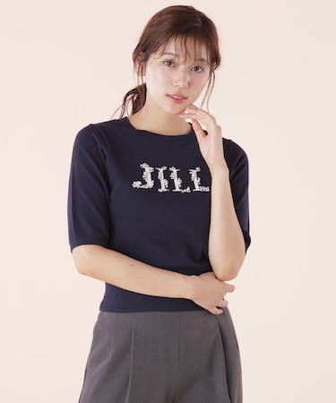 ◆半袖ロゴジャカードビジューニット