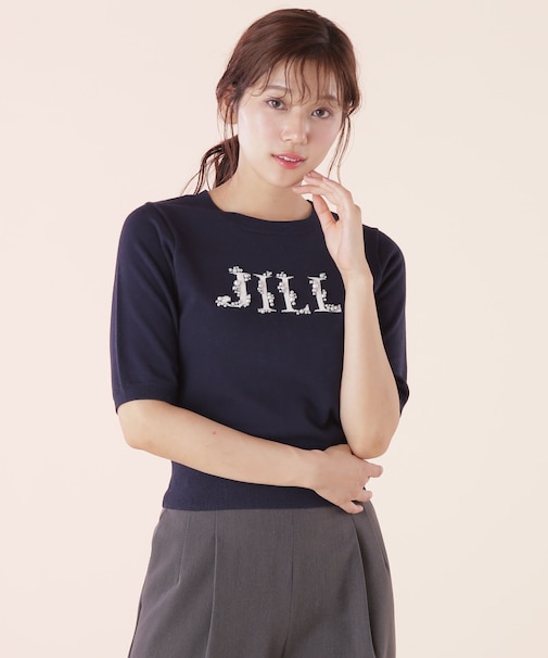 ◆半袖ロゴジャカードビジューニット