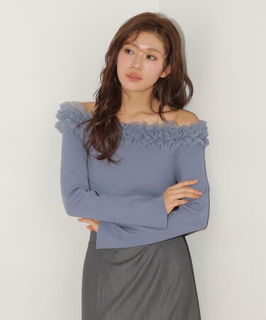 チュールフリルオフショルニット